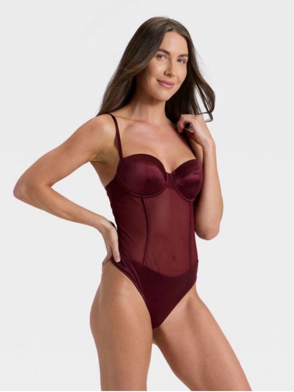 Auden - Women's Satin and Mesh Lightly Lined Lingerie Berry Red Size L
